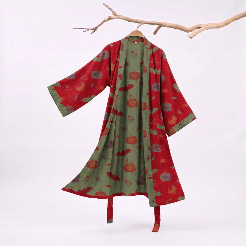 Halloween Kürbis Katze Baumwollkimono-Bademantel