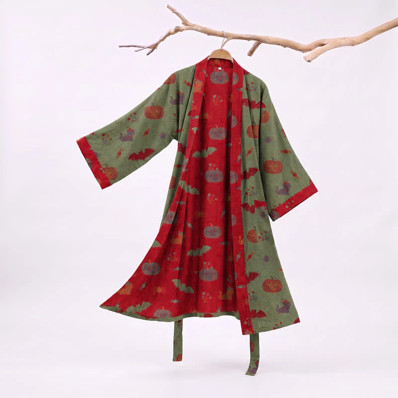 Halloween Kürbis Katze Baumwollkimono-Bademantel