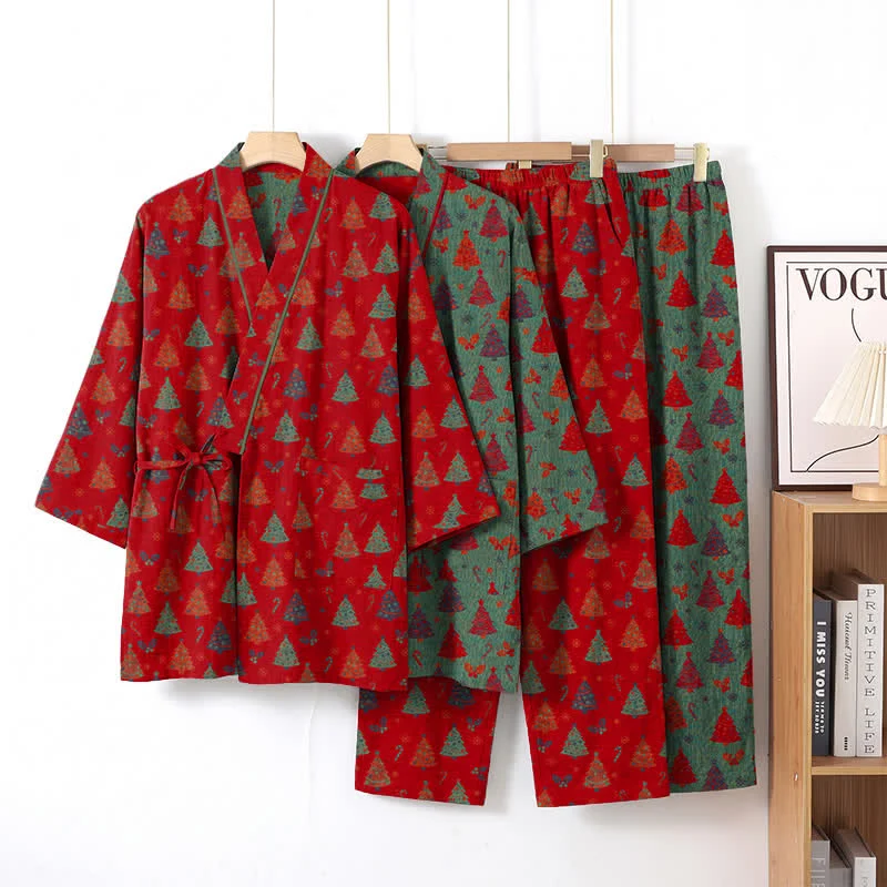 Weihnachtsbaum-Baumwollkimono-Loungewear-Set