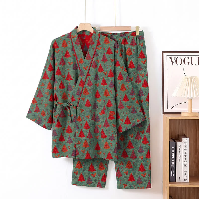 Weihnachtsbaum-Baumwollkimono-Loungewear-Set