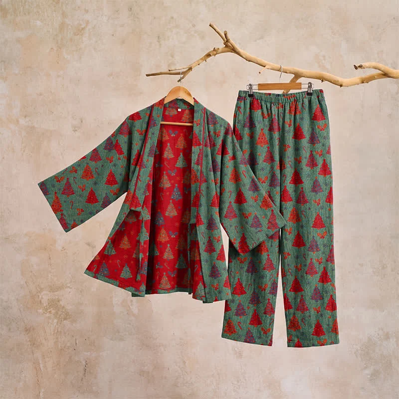 Weihnachtsbaum-Baumwollkimono-Loungewear-Set