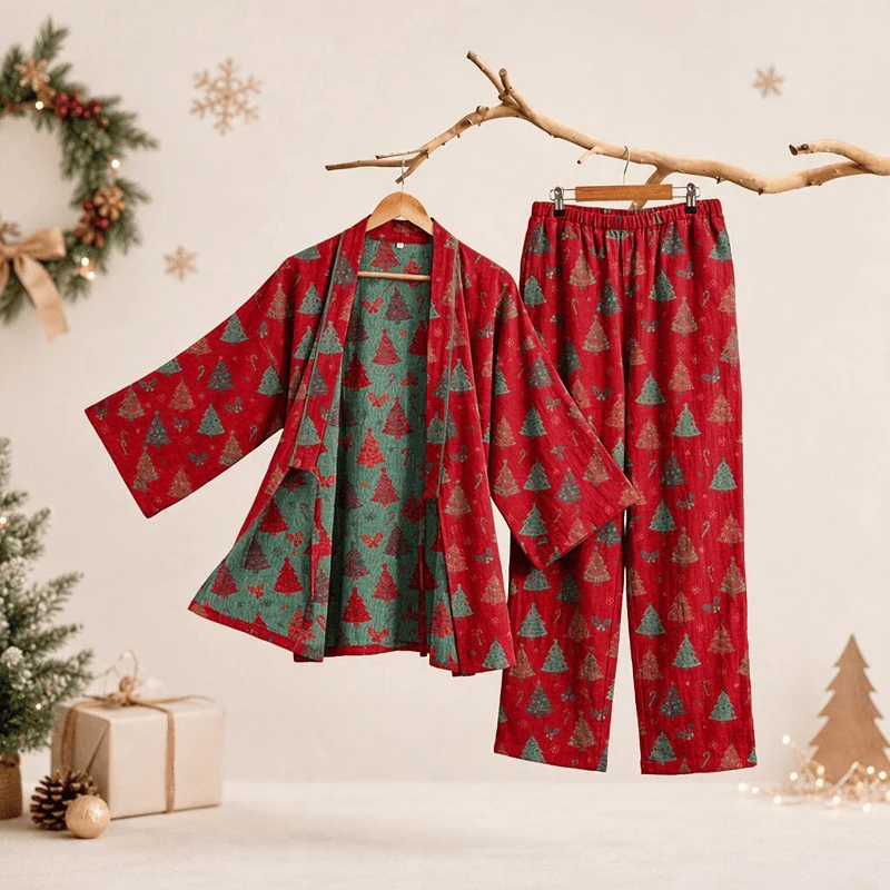 Weihnachtsbaum-Baumwollkimono-Loungewear-Set