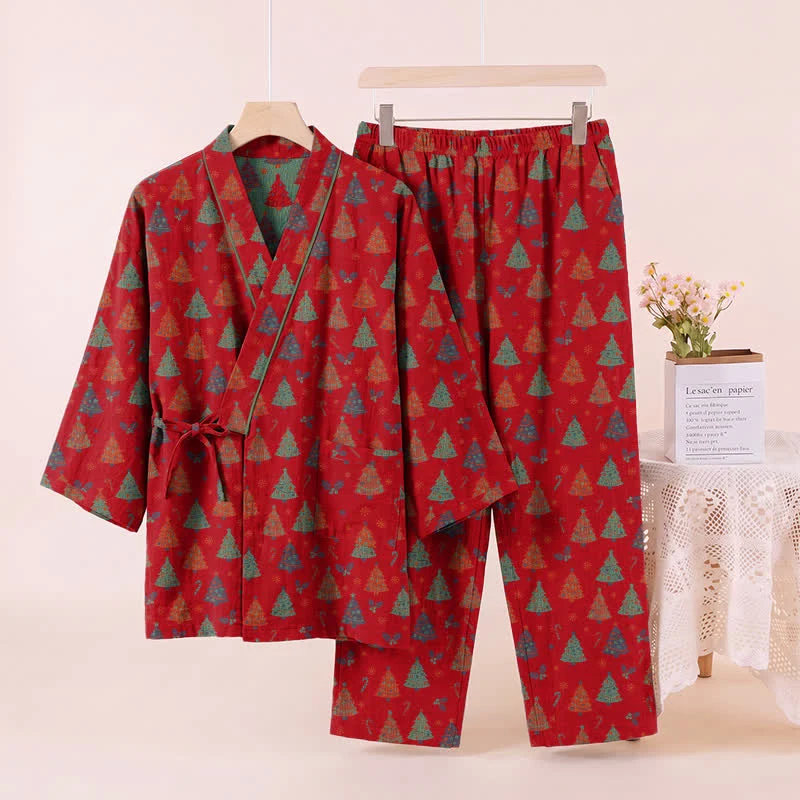 Weihnachtsbaum-Baumwollkimono-Loungewear-Set