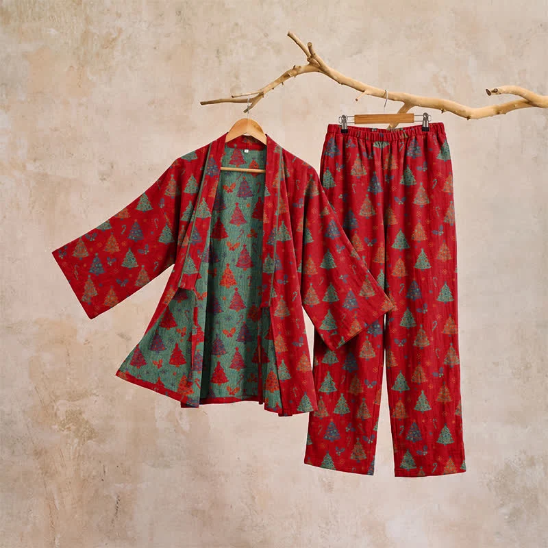 Weihnachtsbaum-Baumwollkimono-Loungewear-Set