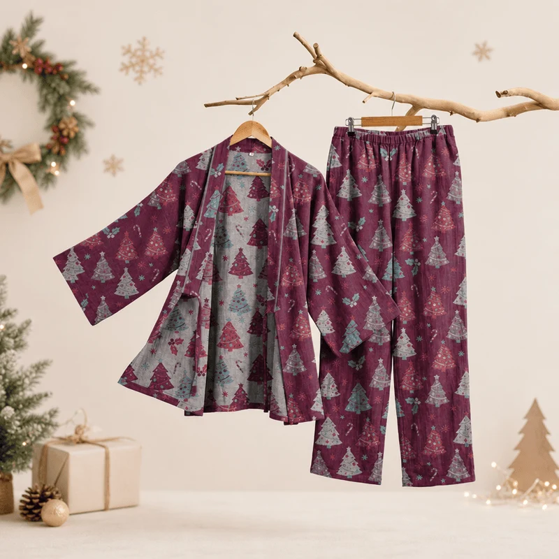 Weihnachtsbaum-Baumwollkimono-Loungewear-Set