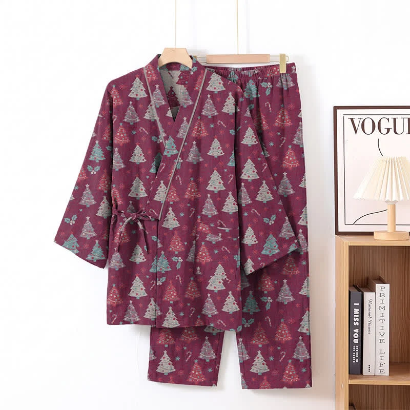 Weihnachtsbaum-Baumwollkimono-Loungewear-Set