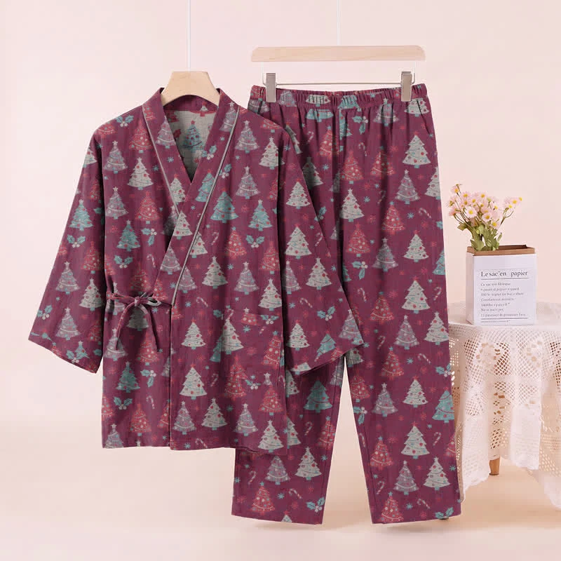 Weihnachtsbaum-Baumwollkimono-Loungewear-Set