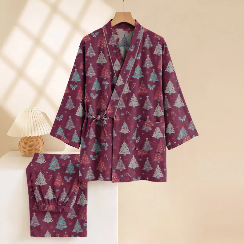 Weihnachtsbaum-Baumwollkimono-Loungewear-Set