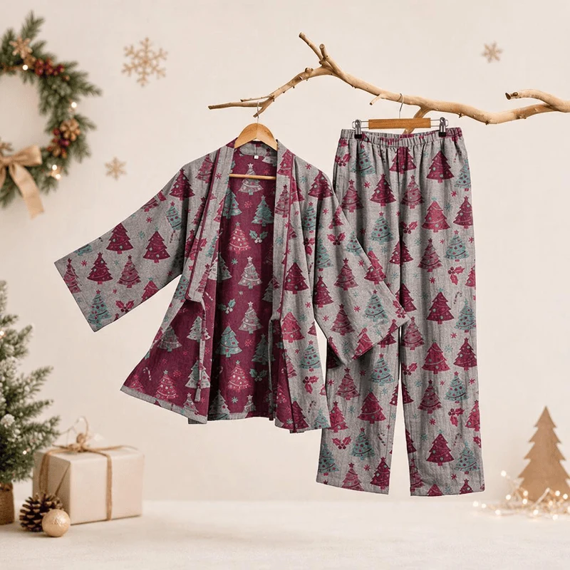 Weihnachtsbaum-Baumwollkimono-Loungewear-Set