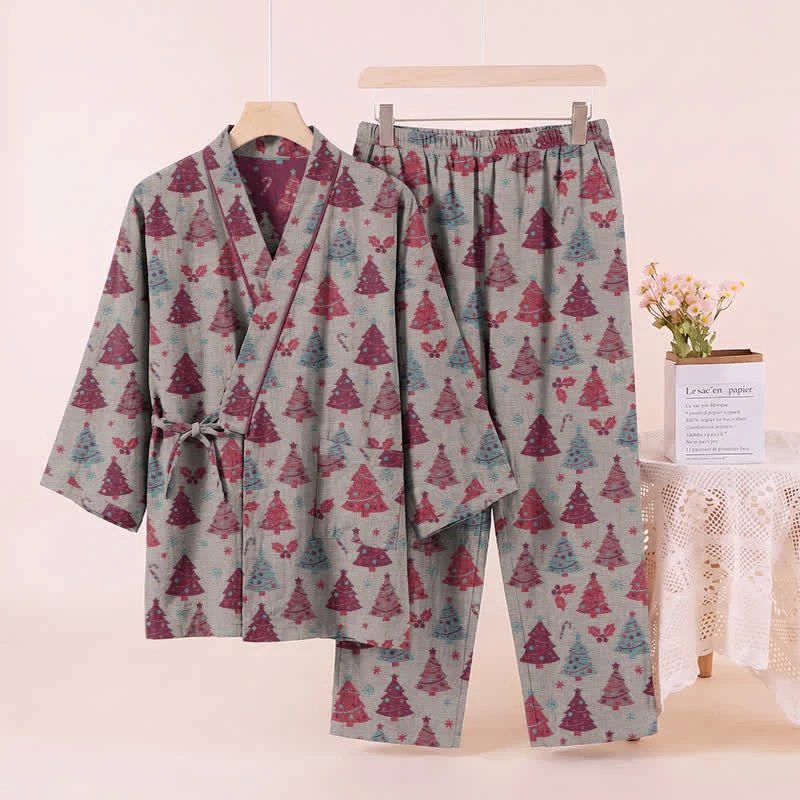 Weihnachtsbaum-Baumwollkimono-Loungewear-Set
