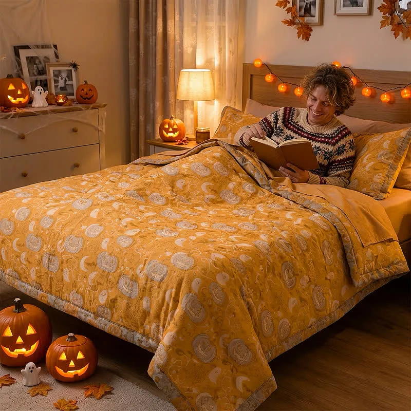 Orangefarbene Halloween-Kürbis-Baumwolldecke