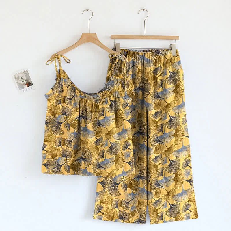 Retro-Loungewear-Set aus Baumwoll-Cami mit Ginkgoblattmuster