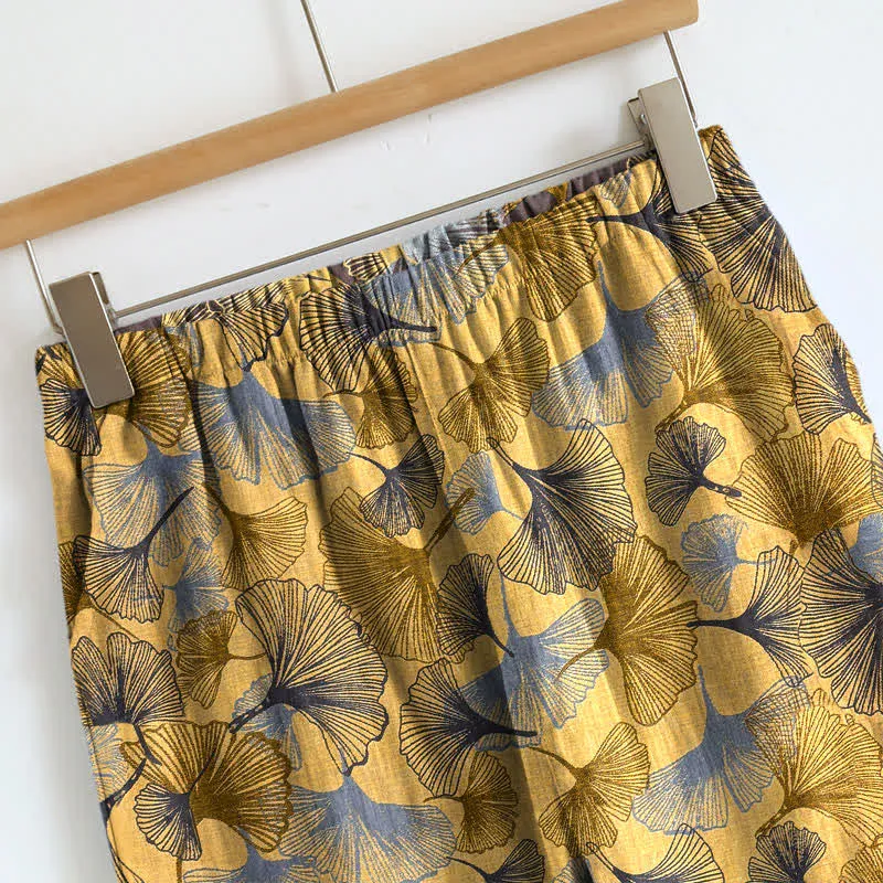 Retro-Loungewear-Set aus Baumwoll-Cami mit Ginkgoblattmuster