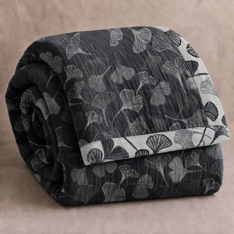 Grau-schwarze Baumwolldecke mit Ginkgoblattmuster