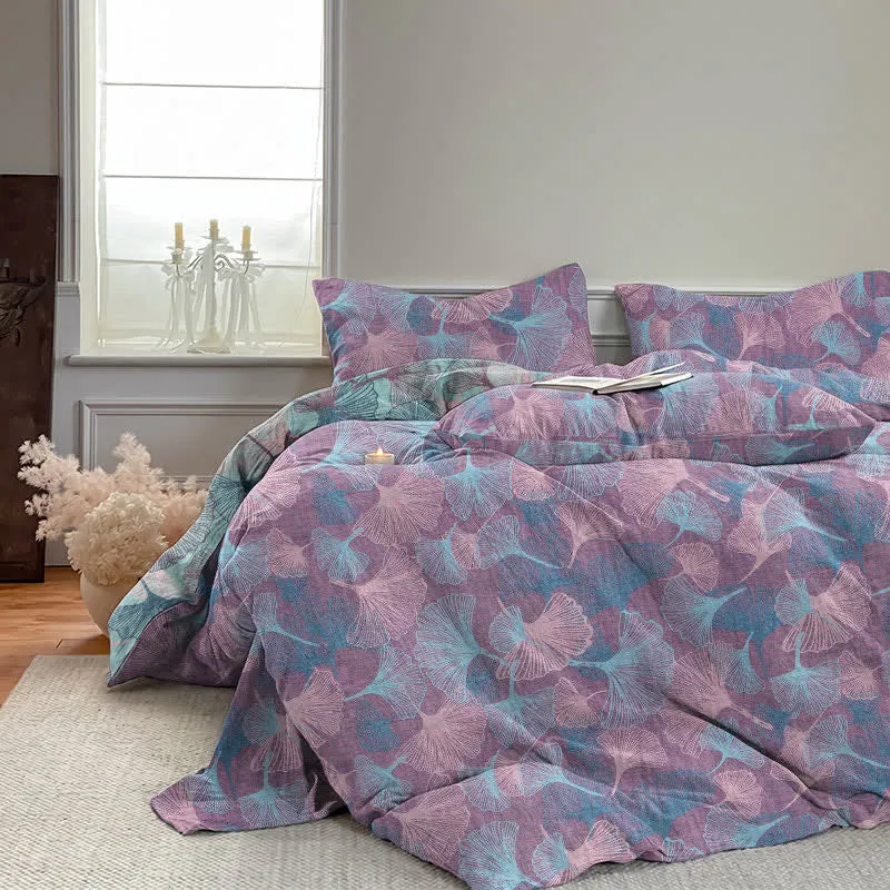 Retro-Bettwäsche-Set aus Baumwolle mit botanischem Ginkgoblatt