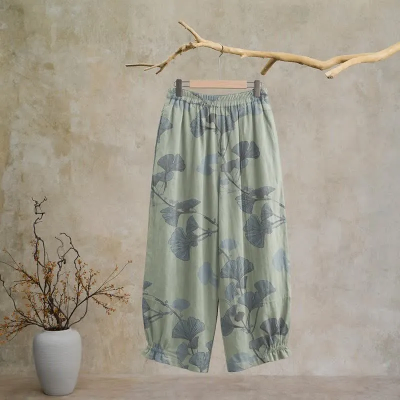 Retro-Loungewear-Hose aus Baumwolle mit botanischem Ginkgoblatt-Motiv