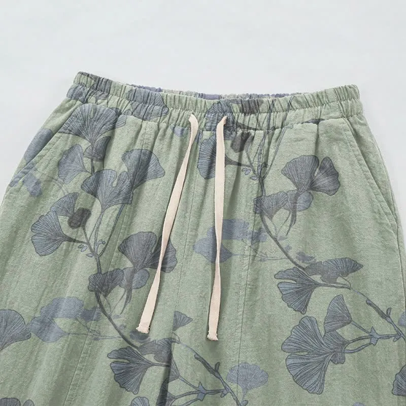 Retro-Loungewear-Hose aus Baumwolle mit botanischem Ginkgoblatt-Motiv