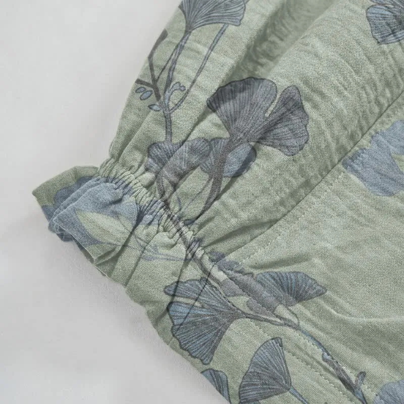 Retro-Loungewear-Hose aus Baumwolle mit botanischem Ginkgoblatt-Motiv