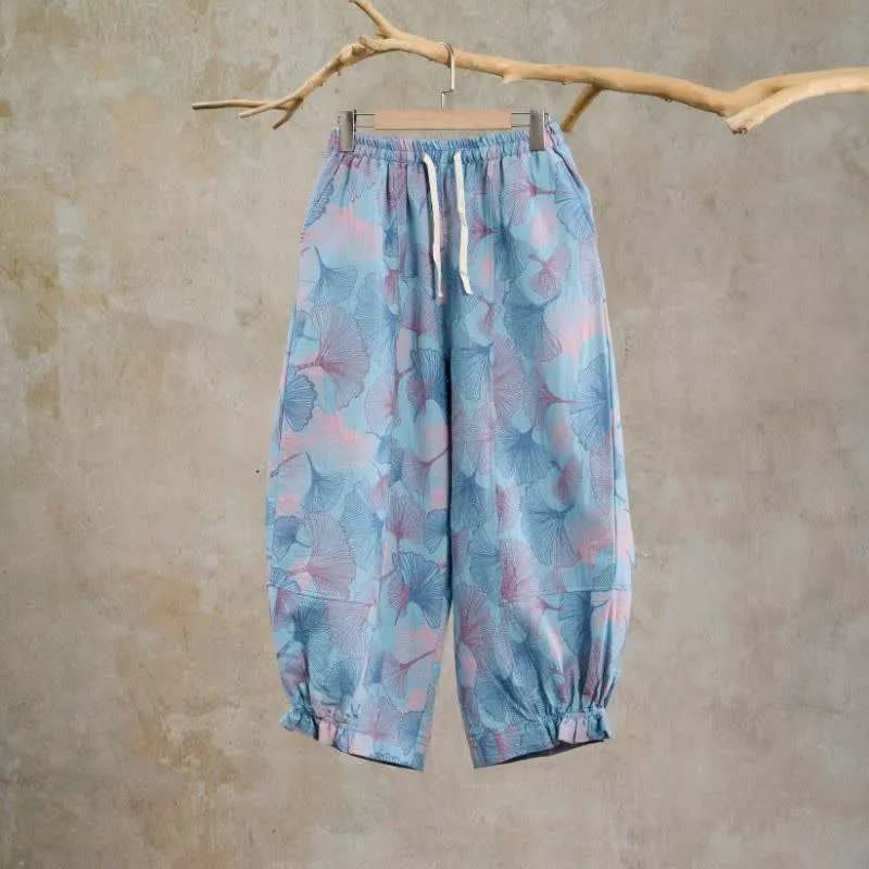 Vintage-Loungewear-Hose aus Baumwolle mit Ginkgoblatt-Motiv