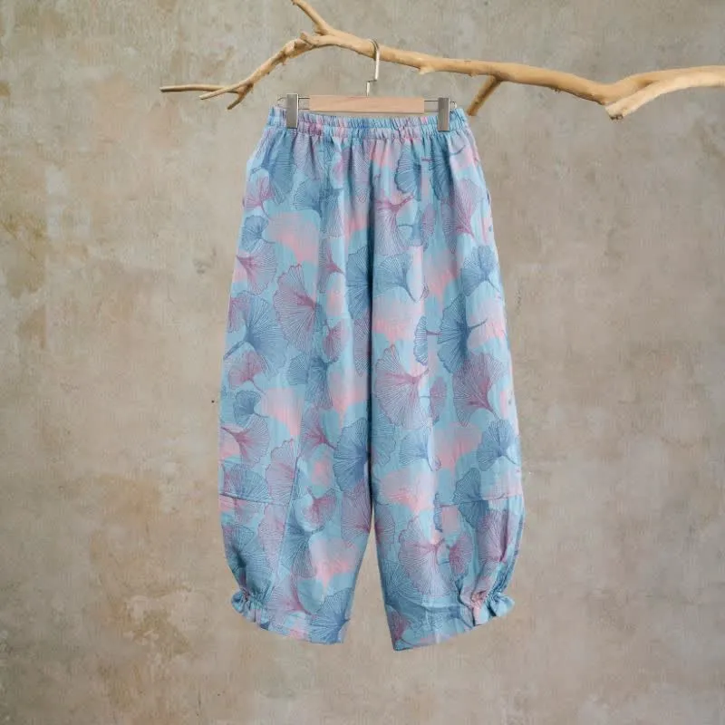 Vintage-Loungewear-Hose aus Baumwolle mit Ginkgoblatt-Motiv