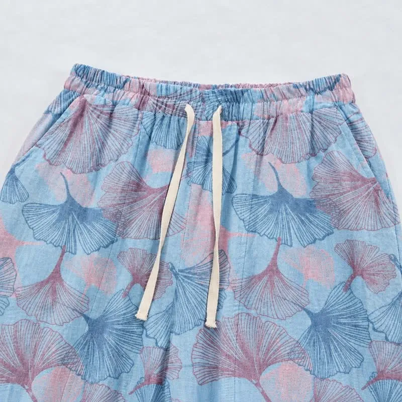 Vintage-Loungewear-Hose aus Baumwolle mit Ginkgoblatt-Motiv
