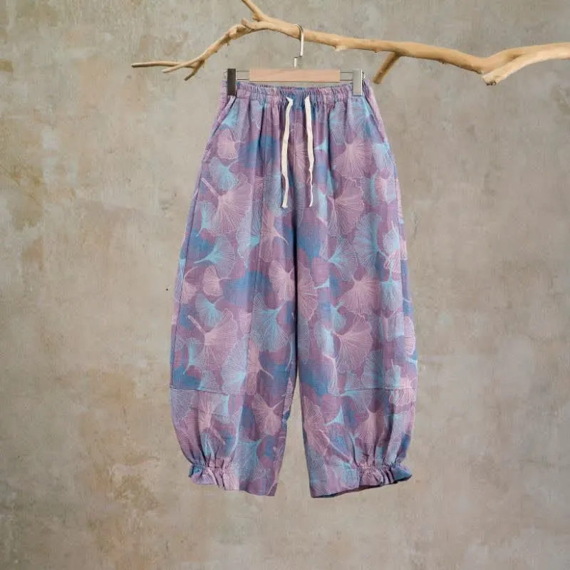 Vintage-Loungewear-Hose aus Baumwolle mit Ginkgoblatt-Motiv