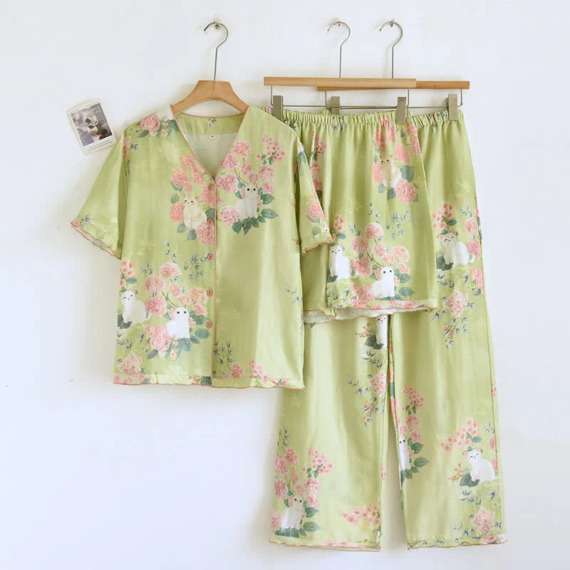 3-teiliges Loungewear-Set aus Baumwolle mit Katzenmotiv und Minzblumenmuster