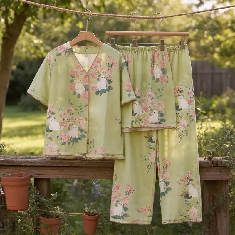 3-teiliges Loungewear-Set aus Baumwolle mit Katzenmotiv und Minzblumenmuster