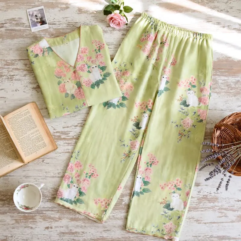 3-teiliges Loungewear-Set aus Baumwolle mit Katzenmotiv und Minzblumenmuster