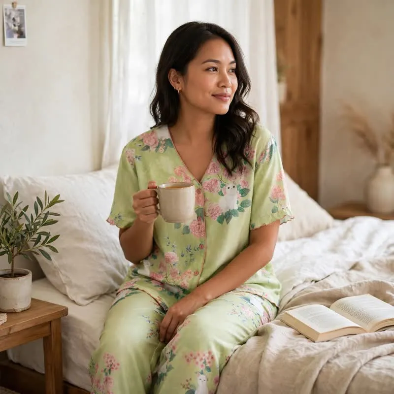 3-teiliges Loungewear-Set aus Baumwolle mit Katzenmotiv und Minzblumenmuster