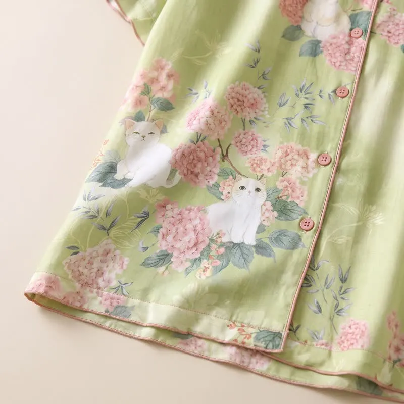 3-teiliges Loungewear-Set aus Baumwolle mit Katzenmotiv und Minzblumenmuster