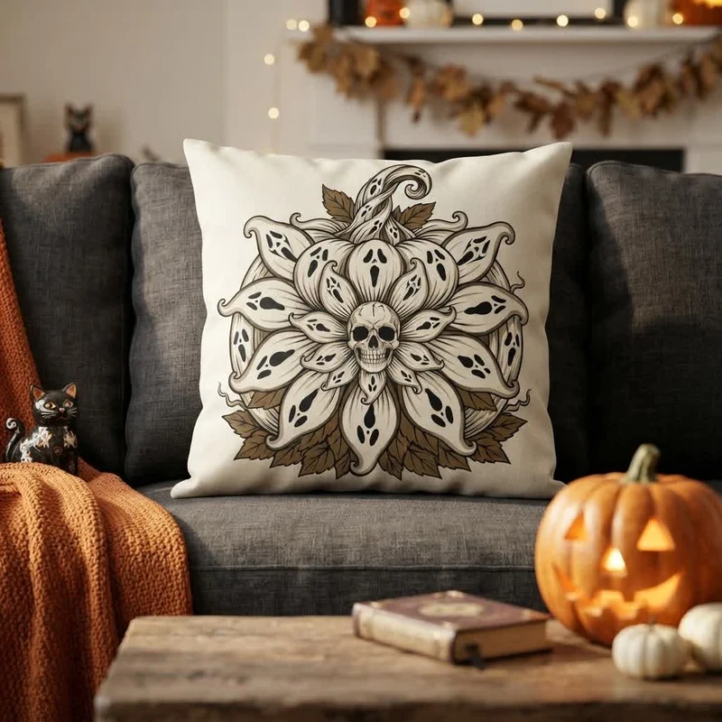 Dekokissen mit Geister-Sonnenblumen-Mandala-Totenkopf