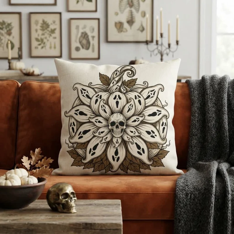 Dekokissen mit Geister-Sonnenblumen-Mandala-Totenkopf