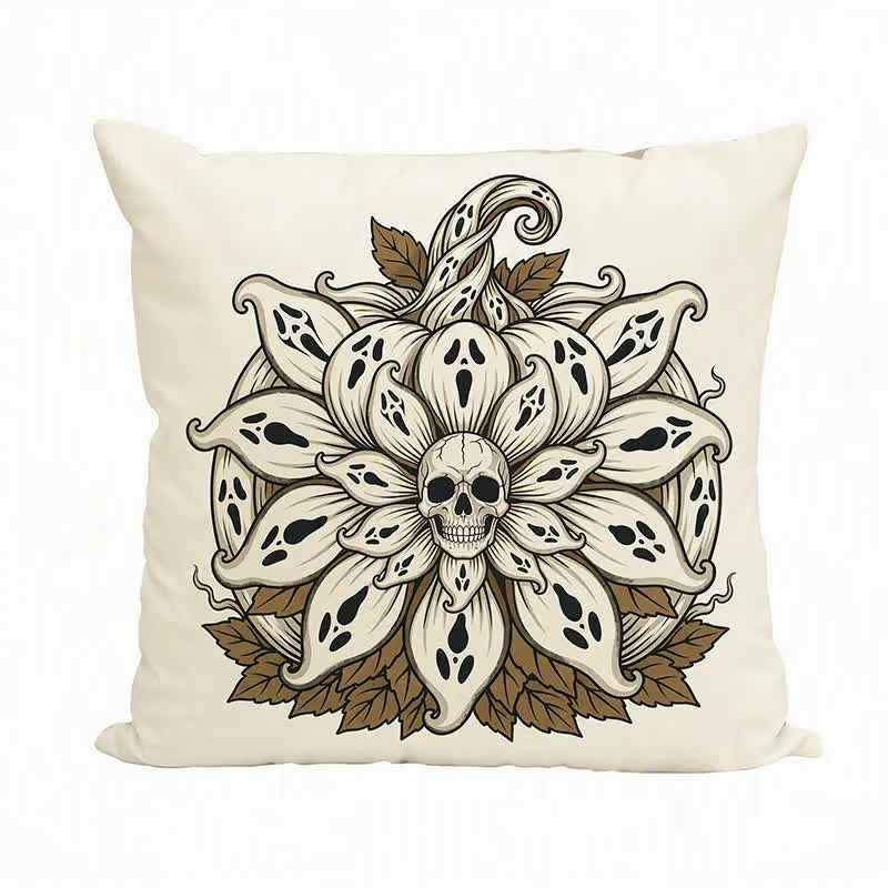 Dekokissen mit Geister-Sonnenblumen-Mandala-Totenkopf