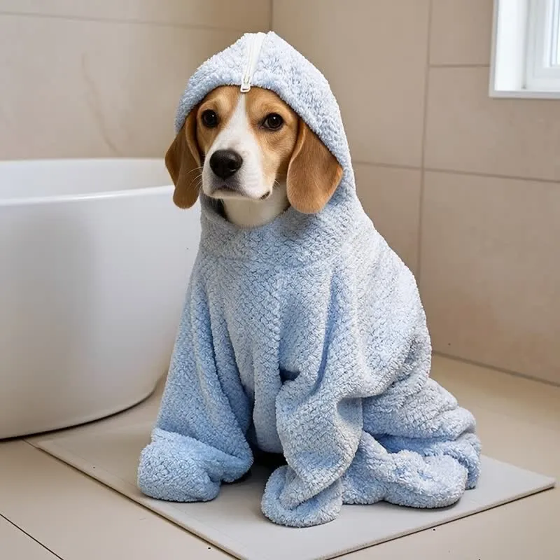Blauer Hundebademantel mit Waffelstruktur