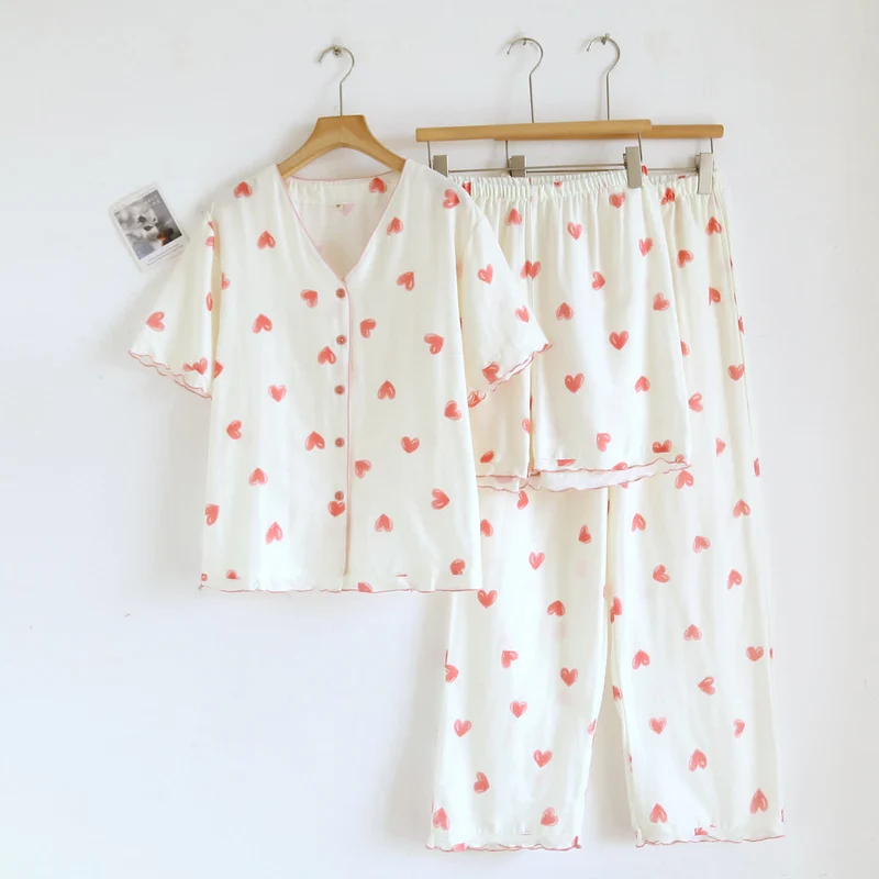 Loungewear-Set aus Baumwollgaze mit Herzmuster (3-teilig)