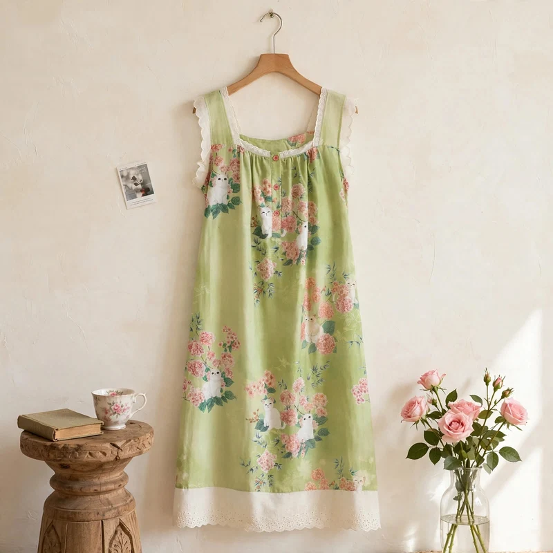 Ärmelloses Nachthemd mit Katzen- und Blumenmuster
