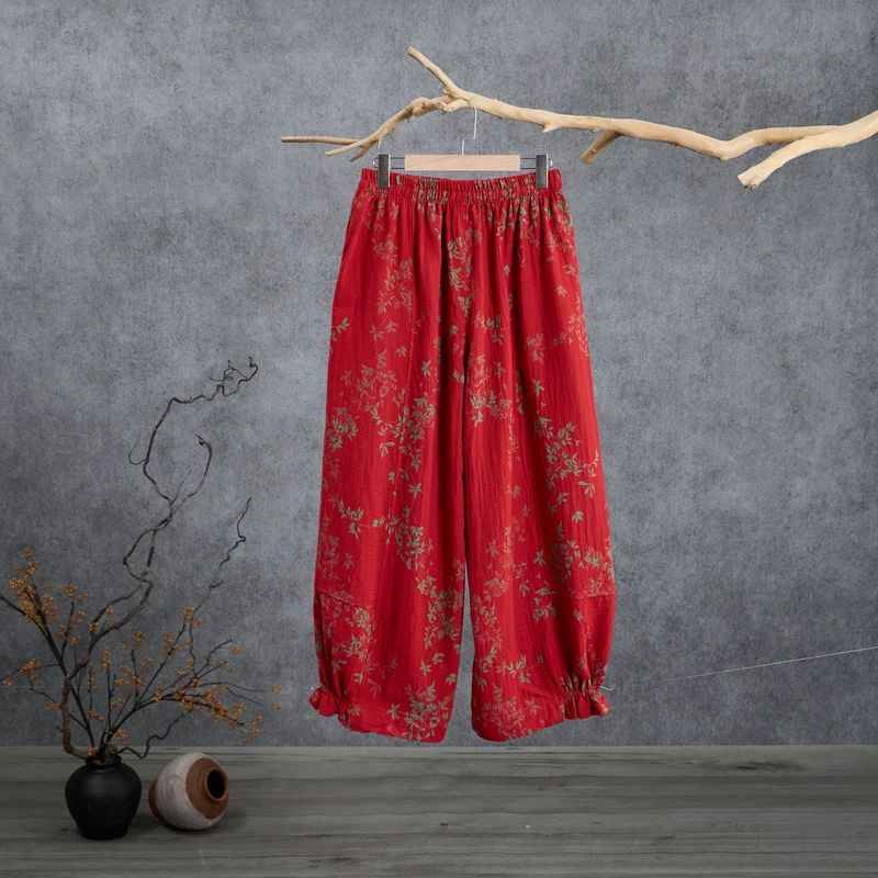 Rote Loungewear-Hose aus Baumwolle mit Blumenmuster