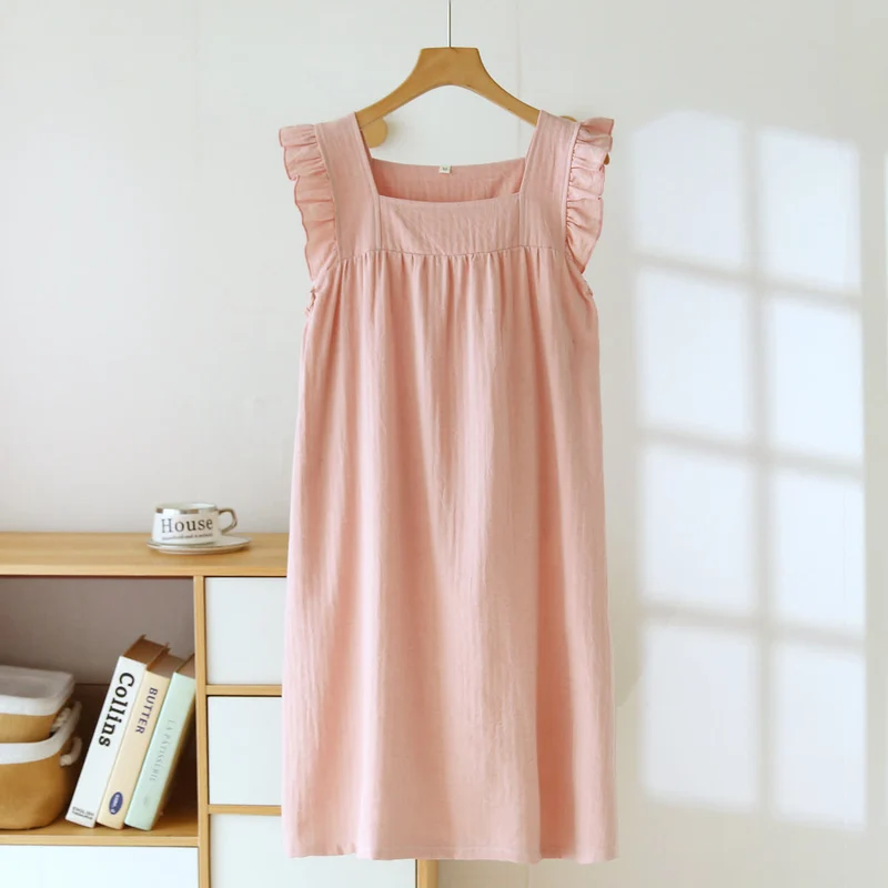 Baumwoll-Loungekleid mit eckigem Ausschnitt und Rüschen
