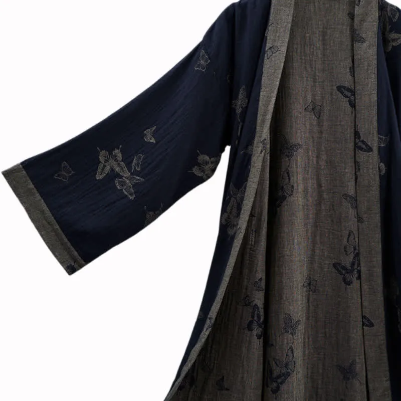 Marineblauer Kimono-Bademantel aus doppellagigem Baumwoll-Doppelgaze mit Schmetterlingsmotiv