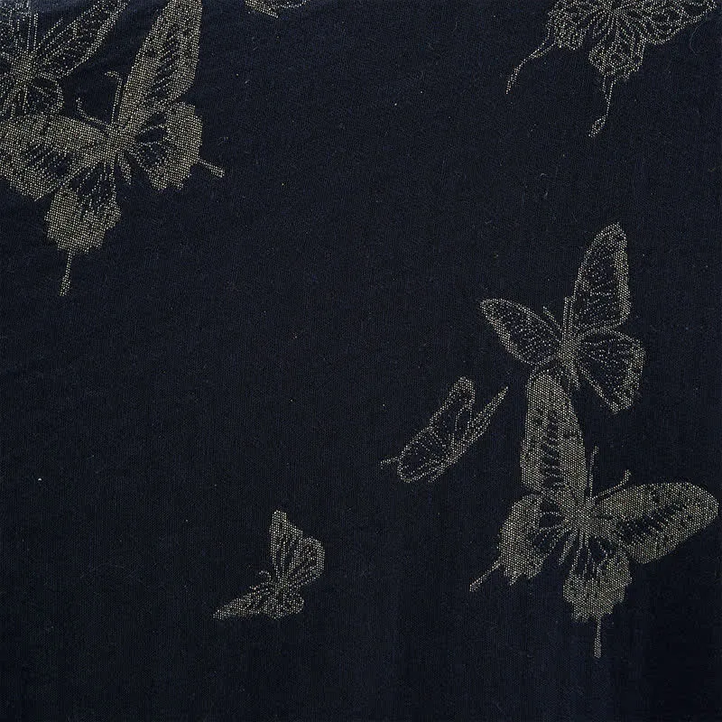 Marineblauer Kimono-Bademantel aus doppellagigem Baumwoll-Doppelgaze mit Schmetterlingsmotiv
