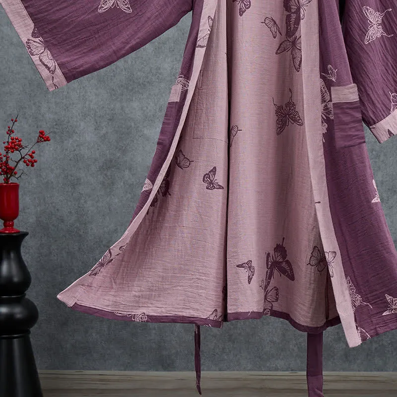 Kimono-Bademantel aus doppellagigem Baumwoll-Doppelgaze mit Schmetterlingsmotiv