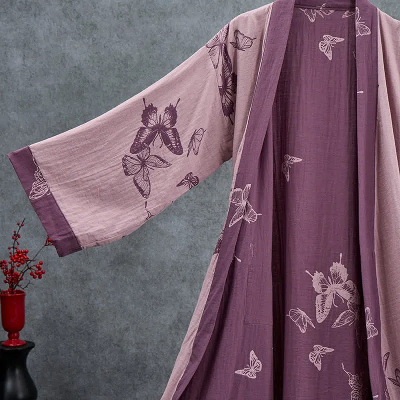 Kimono-Bademantel aus doppellagigem Baumwoll-Doppelgaze mit Schmetterlingsmotiv