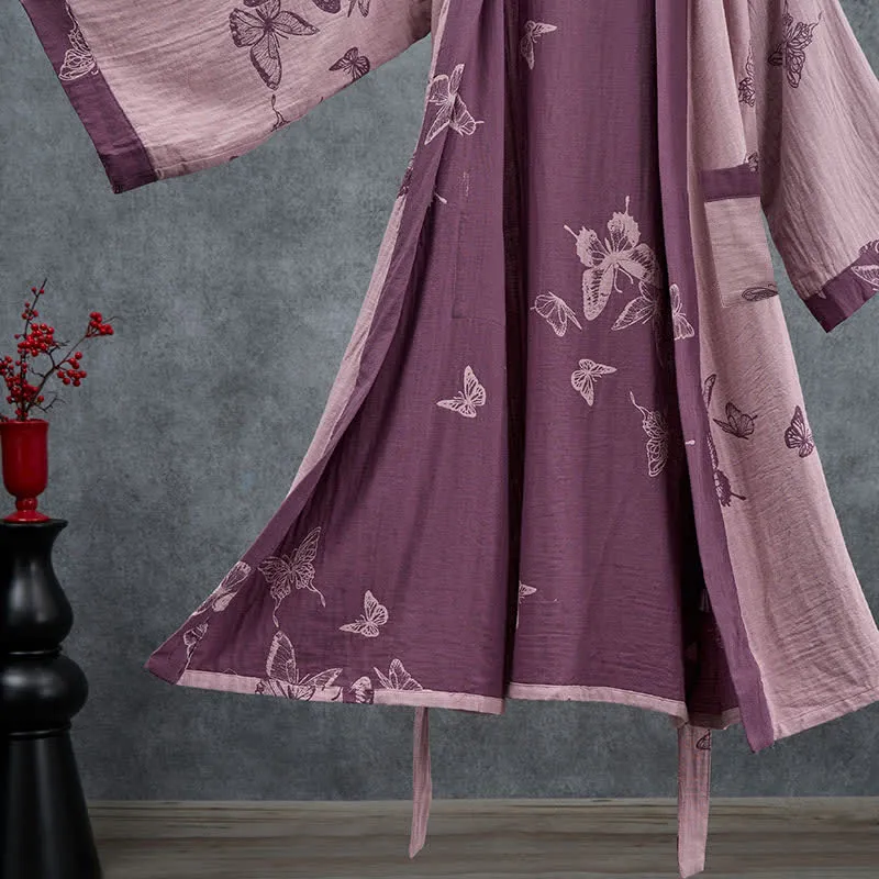 Kimono-Bademantel aus doppellagigem Baumwoll-Doppelgaze mit Schmetterlingsmotiv