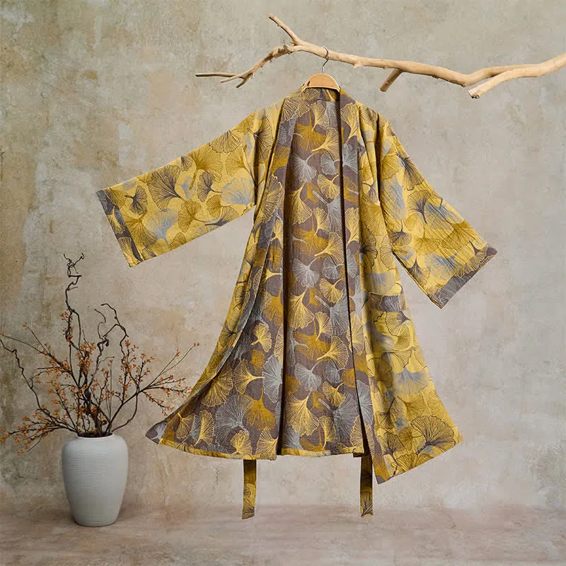 Vintage-Bademantel aus doppellagigem Baumwollgewebe mit Ginkgoblatt