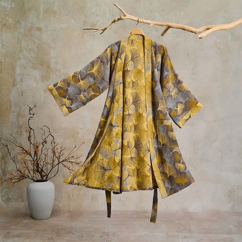 Vintage-Bademantel aus doppellagigem Baumwollgewebe mit Ginkgoblatt