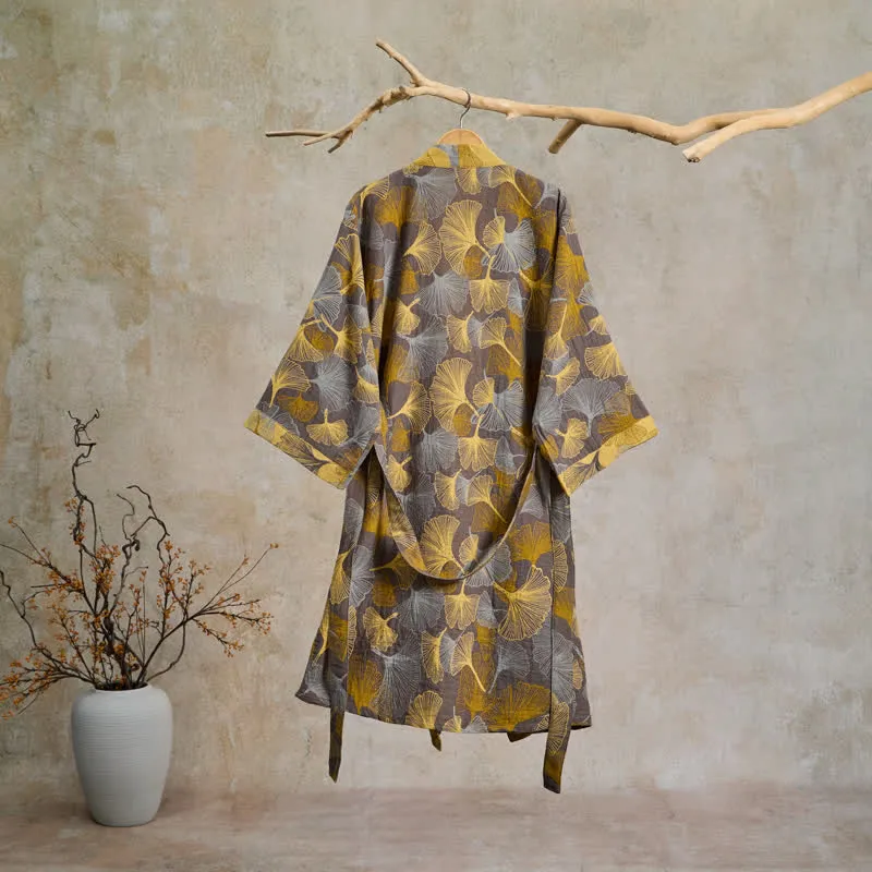 Vintage-Bademantel aus doppellagigem Baumwollgewebe mit Ginkgoblatt