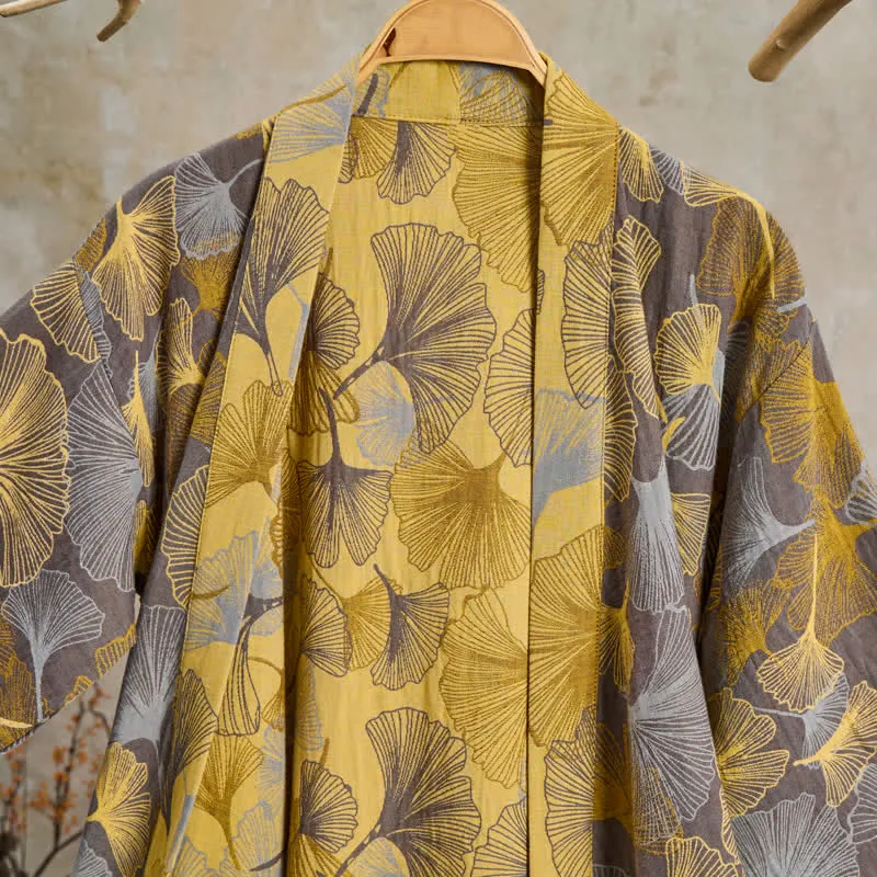 Vintage-Bademantel aus doppellagigem Baumwollgewebe mit Ginkgoblatt