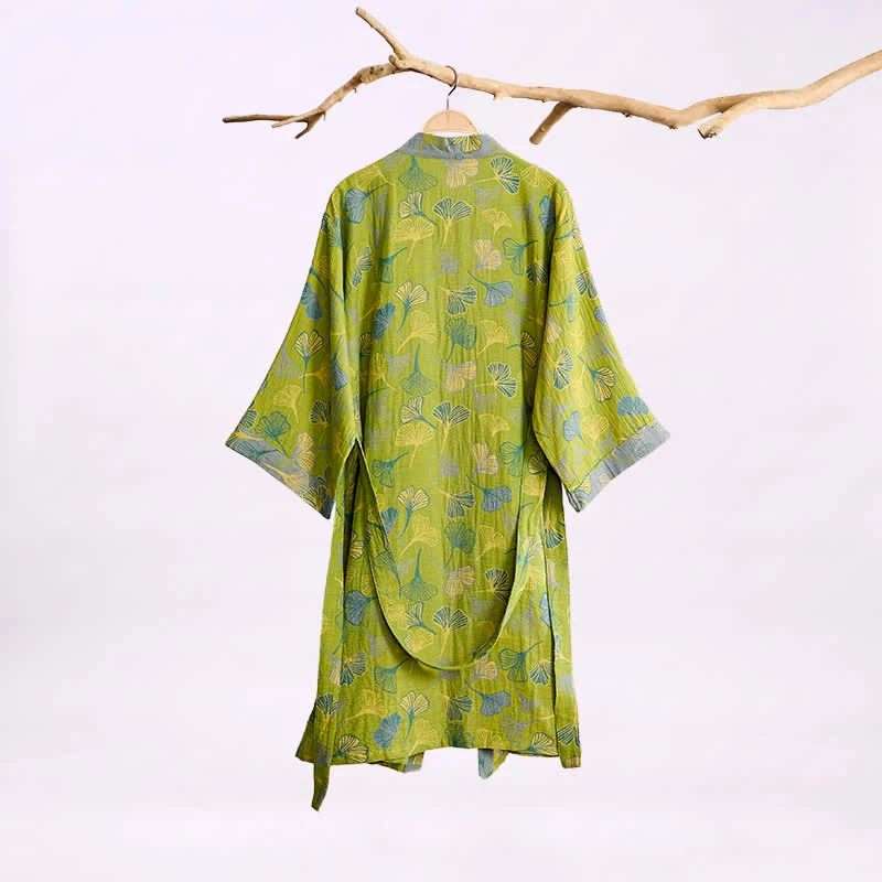 Kimono-Bademantel aus grün-grauem Ginkgoblatt-Baumwolle