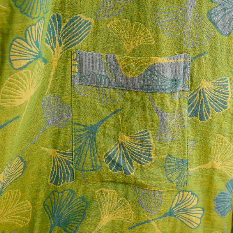 Kimono-Bademantel aus grün-grauem Ginkgoblatt-Baumwolle